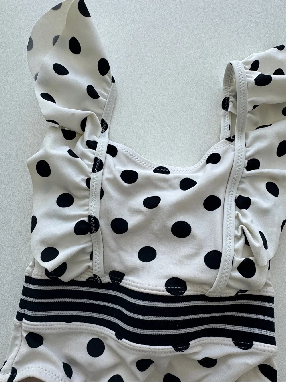 Toddler Black & White Polka Dot Ruffle One-Piece Swimsuit with Striped Waist